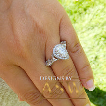 Load image into Gallery viewer, 14k Solid White Gold Pear Cut Forever One Moissanite and Natural Diamond Engagement Ring Halo, Bridal, Wedding Deco Antique Style  2.20ctw
