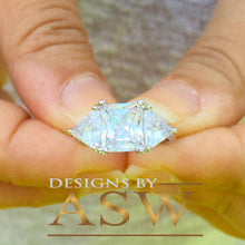 Load image into Gallery viewer, 14k Solid White Gold Radiant and Triangle Cut Forever One Moissanite Engagement Ring, Bridal, Wedding Deco Three Stone Style  3.00ctw
