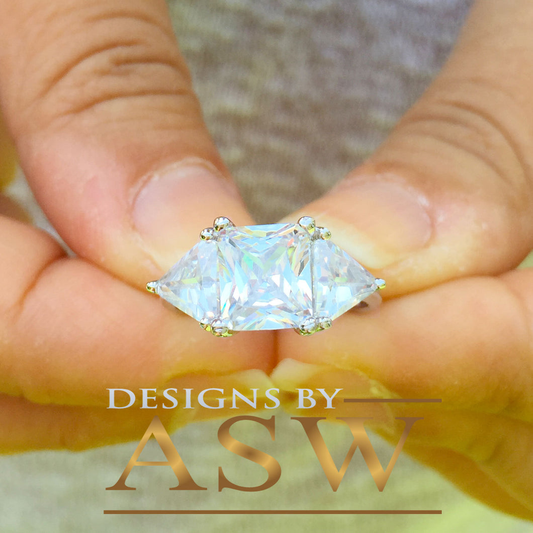 14k Solid White Gold Radiant and Triangle Cut Forever One Moissanite Engagement Ring, Bridal, Wedding Deco Three Stone Style  3.00ctw