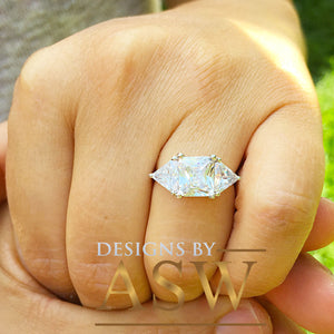 14k Solid White Gold Radiant and Triangle Cut Forever One Moissanite Engagement Ring, Bridal, Wedding Deco Three Stone Style  3.00ctw