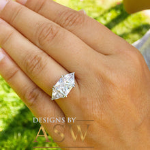 Load image into Gallery viewer, 14k Solid White Gold Radiant and Triangle Cut Forever One Moissanite Engagement Ring, Bridal, Wedding Deco Three Stone Style  3.00ctw
