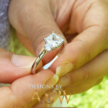 Load image into Gallery viewer, 14k Solid White Gold Princess Cut Forever One Moissanite and Round Cut Engagement Ring, Bridal, Wedding Deco Three Stone Style  2.20ctw
