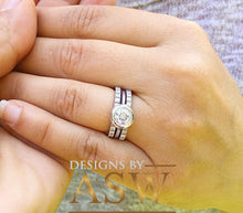 Load image into Gallery viewer, 14k solid white gold round cut simulated diamond bezel engagement ring and two bands, bridal set, wedding, halo three piece set 1.70ct ASW
