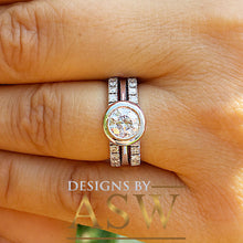 Load image into Gallery viewer, 14k solid white gold round cut simulated diamond bezel engagement ring and two bands, bridal set, wedding, halo three piece set 1.70ct ASW

