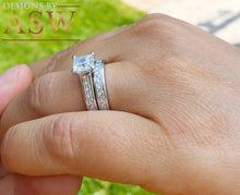 Load image into Gallery viewer, 14K Solid and Heavy White Gold 3.25 Carat Princess Cut Simulated Diamond Engagement Ring and Band Bridal Wedding Set Promise Propose

