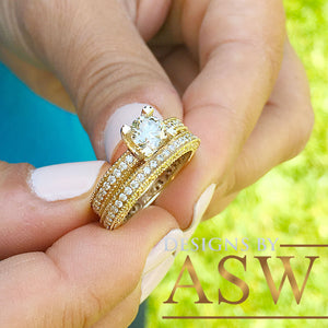 14k Yellow Gold Round Cut Forever One Moissanite and Round Cut Natural Diamond Engagement Ring and band, Bridal Set, Half Eternity 2.50ctw
