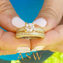 Load image into Gallery viewer, 14k Yellow Gold Round Cut Forever One Moissanite and Round Cut Natural Diamond Engagement Ring and band, Bridal Set, Half Eternity 2.50ctw

