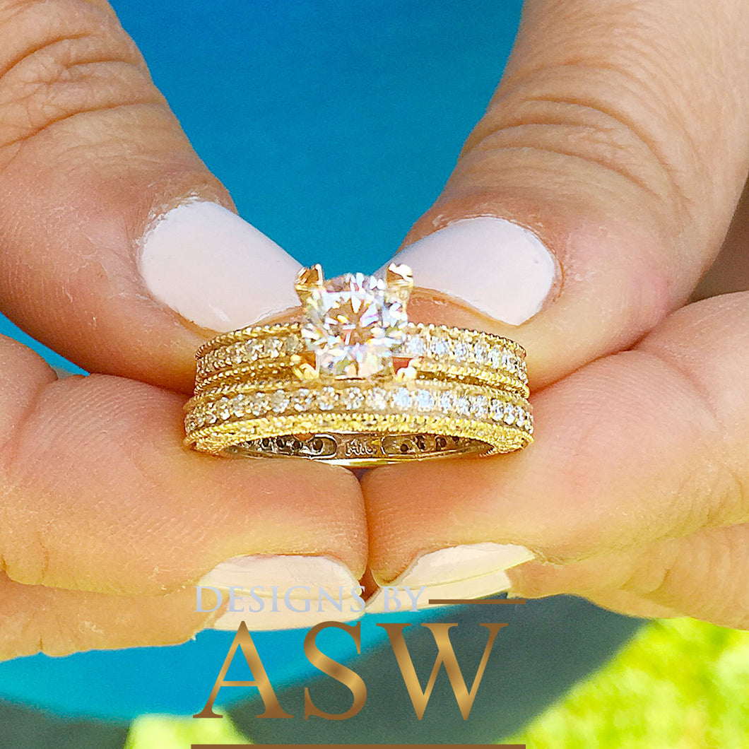 14k Yellow Gold Round Cut Forever One Moissanite and Round Cut Natural Diamond Engagement Ring and band, Bridal Set, Half Eternity 2.50ctw