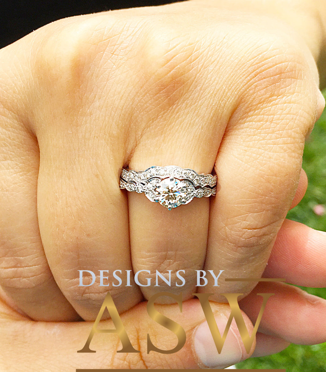 14k Solid White Gold Round Cut Forever One Moissanite and Natural Diamonds Engagement Ring and Band, Bridal, Wedding Propose, 1.35ct