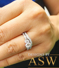 Load image into Gallery viewer, 14k Solid White Gold Round Cut Forever One Moissanite and Natural Diamonds Engagement Ring and Band, Bridal, Wedding Propose, 1.35ct
