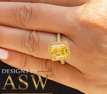 Load image into Gallery viewer, 14K Solid Yellow Gold Radiant Cut Yellow Citrine Simulated Diamond Engagement Ring Prong Set lots of shine and luster round cut sides 4.75ct
