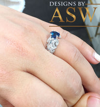 Load image into Gallery viewer, 14k solid white gold oval cut blue sapphire and natural diamonds engagement ring halo, deco, bridal, wedding, anniversary, propose 2.15ctw
