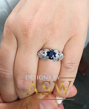 Load image into Gallery viewer, 14k solid white gold oval cut blue sapphire and natural diamonds engagement ring halo, deco, bridal, wedding, anniversary, propose 2.15ctw
