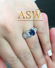 Load image into Gallery viewer, 14k solid white gold oval cut blue sapphire and natural diamonds engagement ring halo, deco, bridal, wedding, anniversary, propose 2.15ctw
