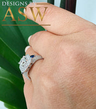 Load image into Gallery viewer, 14k Solid White Gold Asscher, Round, and Trillion Cut Simulated Diamond ans sapphire Engagement Ring Halo Bridal Wedding 2.00ctw by ASW
