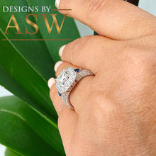 Load image into Gallery viewer, 14k Solid White Gold Asscher, Round, and Trillion Cut Simulated Diamond ans sapphire Engagement Ring Halo Bridal Wedding 2.00ctw by ASW
