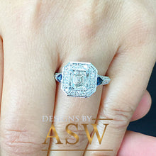 Load image into Gallery viewer, 14k Solid White Gold Asscher, Round, and Trillion Cut Simulated Diamond ans sapphire Engagement Ring Halo Bridal Wedding 2.00ctw by ASW

