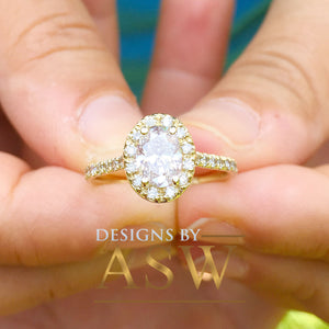 14K Yellow Gold Oval Cut Moissanite And Natural Round cut Diamond Engagement Ring Deco, Halo, Bridal, Wedding, Propose 2.00ctw