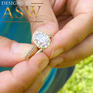 14K Yellow Gold Oval Cut Moissanite And Natural Round cut Diamond Engagement Ring Deco, Halo, Bridal, Wedding, Propose 2.00ctw