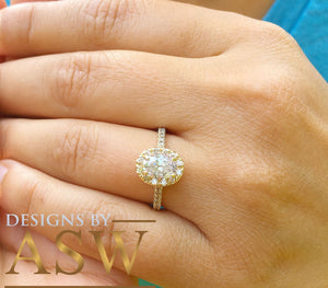 14K Yellow Gold Oval Cut Moissanite And Natural Round cut Diamond Engagement Ring Deco, Halo, Bridal, Wedding, Propose 2.00ctw