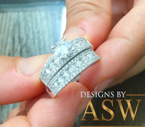 Huge 14k Solid White Gold Round Cut Forever One Moissanite And Natural Diamonds Engagement Ring and Band, Bridal, Wedding Propose, 2.50ct