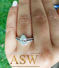 Load image into Gallery viewer, 14k Solid White Gold Pear and Round Cut Simulated Diamond Engagement Ring And Band Deco, Bridal, Wedding, Halo, Anniversary 1.50ct
