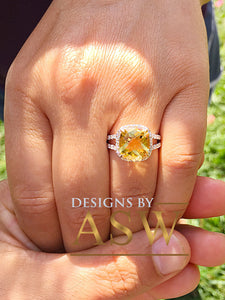 14K White Gold Cushion Cut Yellow Citrine and Round cut Natural Diamonds Engagement Ring Halo Split Shank Bridal Wedding Anniversary 4.80ctw