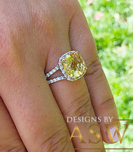 Load image into Gallery viewer, 14K White Gold Cushion Cut Yellow Citrine and Round cut Natural Diamonds Engagement Ring Halo Split Shank Bridal Wedding Anniversary 4.80ctw
