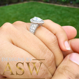 Large 14k Solid White Gold Pear and Round Cut Simulated Diamond Engagement Ring Deco, Bridal, Wedding, Halo, Anniversary, Propose 4.20ct