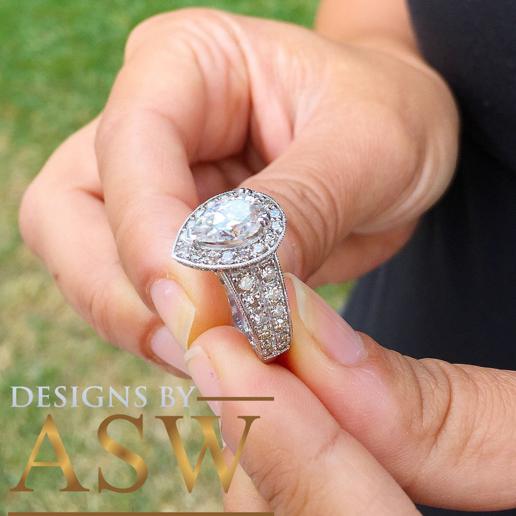 Huge 14k Solid White Gold Pear Cut Moissanite and Natural Diamond Engagement Ring Halo, Bridal, Wedding Bridal Propose 4.20ctw