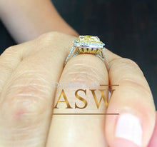 Load image into Gallery viewer, Big 4.00 Carats 14k Solid White Gold Round Cut Simulated Diamond and simulated Fancy Yellow Diamonds Engagement Ring Double Halo Split Shank

