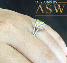 Load image into Gallery viewer, Big 4.00 Carats 14k Solid White Gold Round Cut Simulated Diamond and simulated Fancy Yellow Diamonds Engagement Ring Double Halo Split Shank
