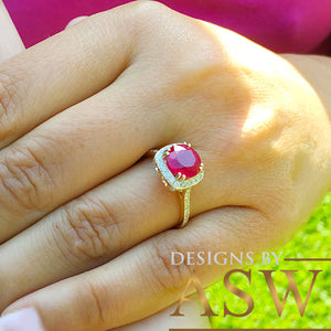 14k Solid Yellow Gold Round Cut Ruby And Natural Diamond Antique Design Halo Deco Ring filigree, Engagement, Wedding, Anniversary 2.95ctw