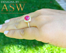 Load image into Gallery viewer, 14k Solid Yellow Gold Round Simulated Ruby And Round Cut Diamonds Antique Deco Design Ring Halo Bridal Wedding 2.50ctw by ASW
