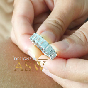 Large 5.0x3.0mm 14K Solid White Gold Emerald Cut Moissanite Eternity Band Deco, Bridal, Wedding, Anniversary, Prong Set, Gift, ring 5.00ct