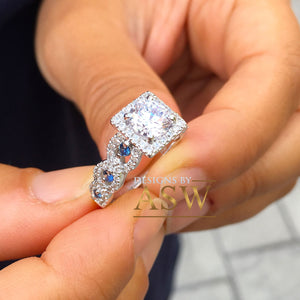 14k White Gold Round Cut Forever One Moissanite and Diamond And Sapphire Engagement Ring, Bridal, Wedding, Natural Diamonds Halo 2.00ctw