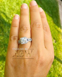 14k White Gold Round Cut Forever One Moissanite and Diamond And Sapphire Engagement Ring, Bridal, Wedding, Natural Diamonds Halo 2.00ctw