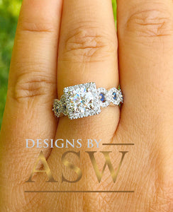14k White Gold Round Cut Forever One Moissanite and Diamond And Sapphire Engagement Ring, Bridal, Wedding, Natural Diamonds Halo 2.00ctw