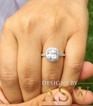 Load image into Gallery viewer, 14k solid white gold cushion and round cut simulated diamond engagement ring halo bridal wedding propose prong set 2.50ctw
