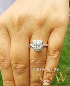 Elegant Women's 14k Solid White Gold Cushion Cut Forever One Moissanite and Natural Diamond Engagement Ring Bridal, Wedding Halo 2.50ctw