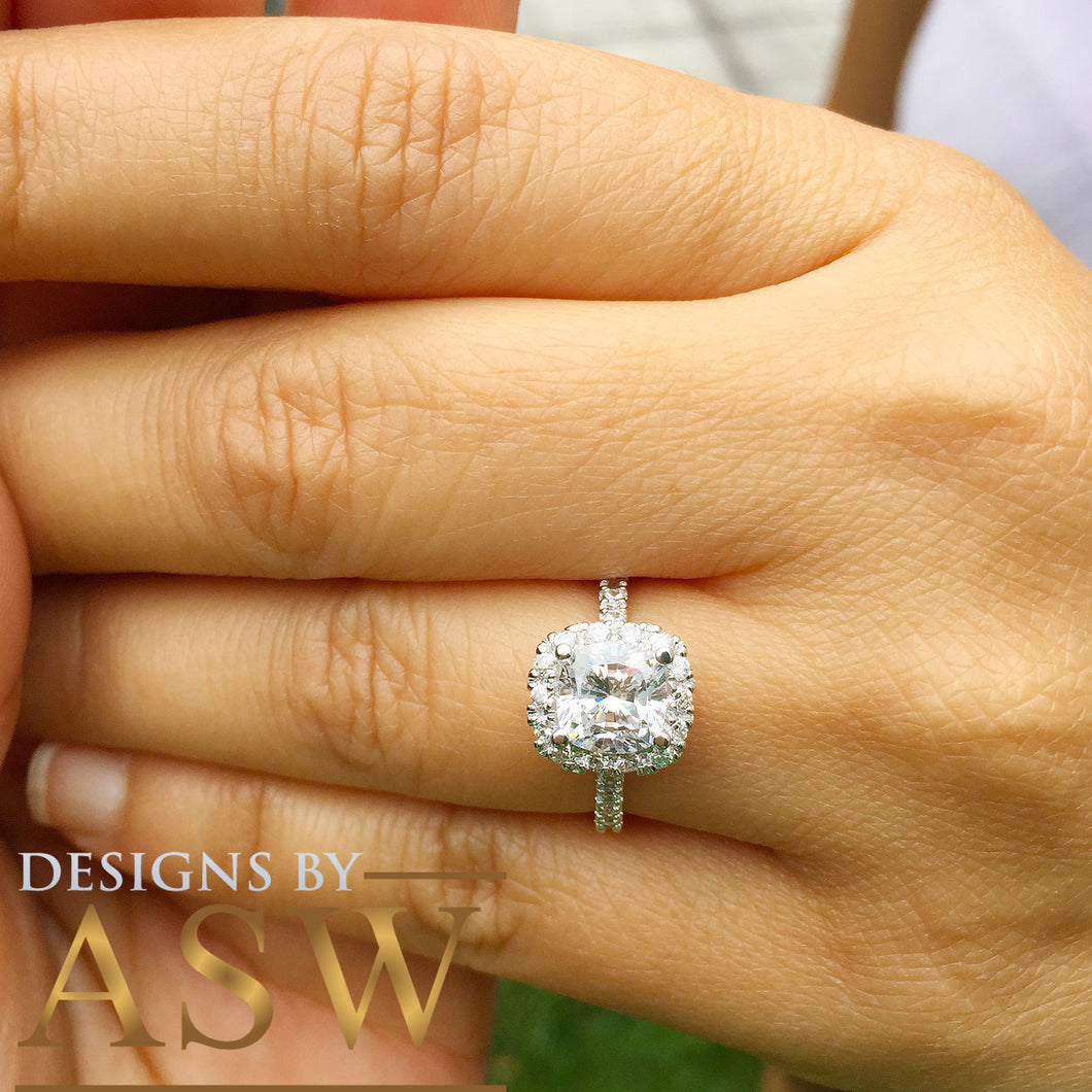 Elegant Women's 14k Solid White Gold Cushion Cut Forever One Moissanite and Natural Diamond Engagement Ring Bridal, Wedding Halo 2.50ctw