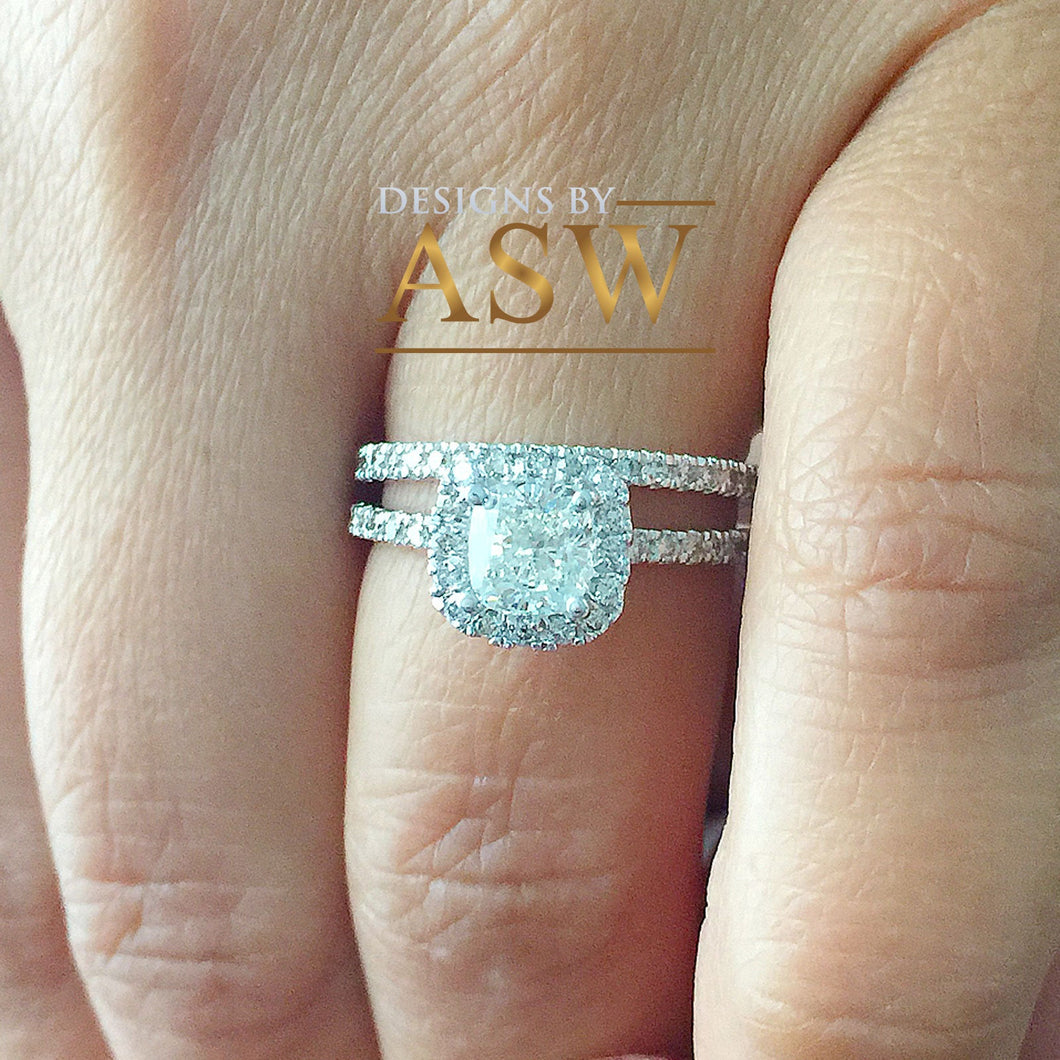 14K White Gold Cushion Cut Forever One Moissanite and Round Cut Natural Diamond Engagement Ring And Band Bridal Wedding Set Halo 1.75ctw