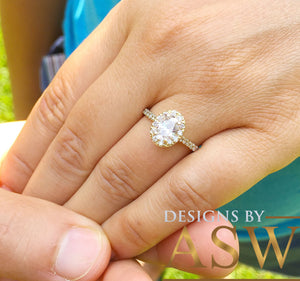 14K Yellow Gold Oval Cut Moissanite And Natural Round cut Diamond Engagement Ring Deco, Halo, Bridal, Wedding, Propose 2.00ctw