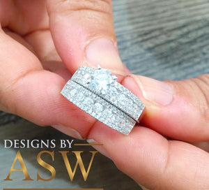 Huge 14k Solid White Gold Round Cut Forever One Moissanite And Natural Diamonds Engagement Ring and Band, Bridal, Wedding Propose, 2.50ct