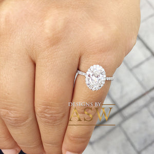 Huge 14K White Gold Oval Cut Moissanite And Round Cut Natural Diamonds Engagement Ring, Halo, Bridal, Wedding, Anniversary, Propose 2.50ctw