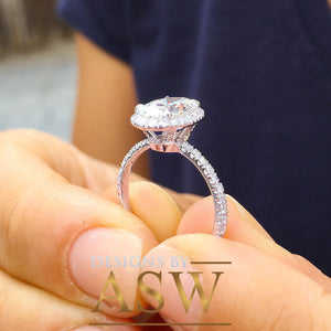 Huge 14K White Gold Oval Cut Moissanite And Round Cut Natural Diamonds Engagement Ring, Halo, Bridal, Wedding, Anniversary, Propose 2.50ctw