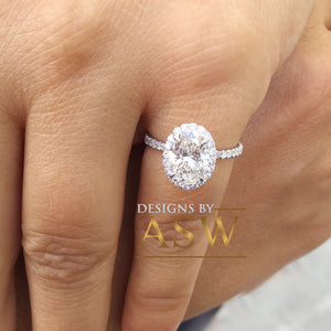 Huge 14K White Gold Oval Cut Moissanite And Round Cut Natural Diamonds Engagement Ring, Halo, Bridal, Wedding, Anniversary, Propose 2.50ctw