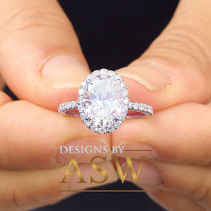 Huge 14K White Gold Oval Cut Moissanite And Round Cut Natural Diamonds Engagement Ring, Halo, Bridal, Wedding, Anniversary, Propose 2.50ctw