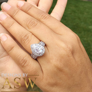 Large 14k Solid White Gold Pear and Round Cut Simulated Diamond Engagement Ring Deco, Bridal, Wedding, Halo, Anniversary, Propose 4.20ct