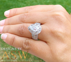 Huge 14k Solid White Gold Pear Cut Moissanite and Natural Diamond Engagement Ring Halo, Bridal, Wedding Bridal Propose 4.20ctw